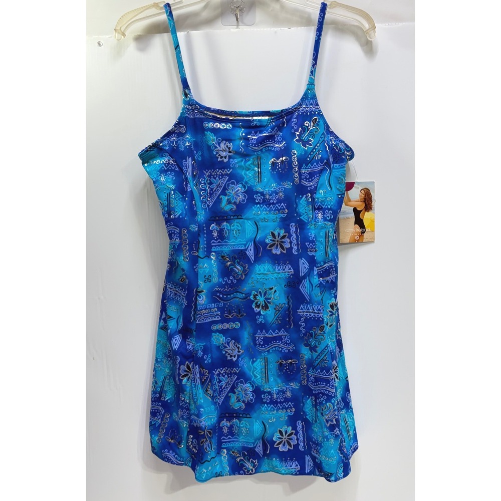 Kathy Ireland Blue Abstract Floral Metallic Swimdress Swimsuit Size 16 NWT
